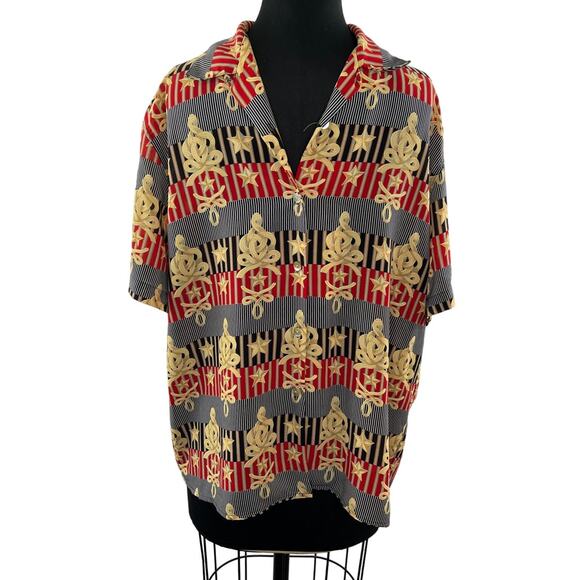 LE CAVIAR Red Black Print Short Sleeve Button-Down Collared Shirt Sz L VINTAGE - Picture 1 of 6